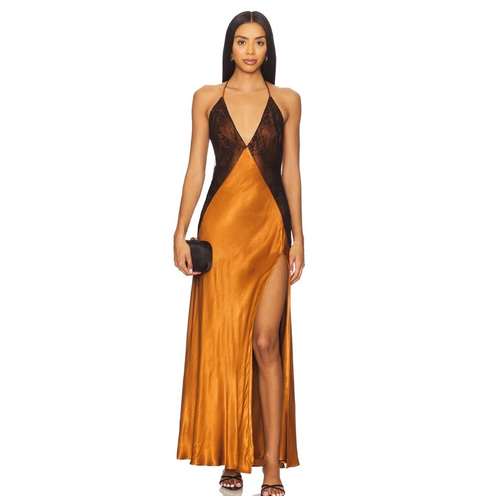 Bardot Satin Midi Dress in Black and Gold